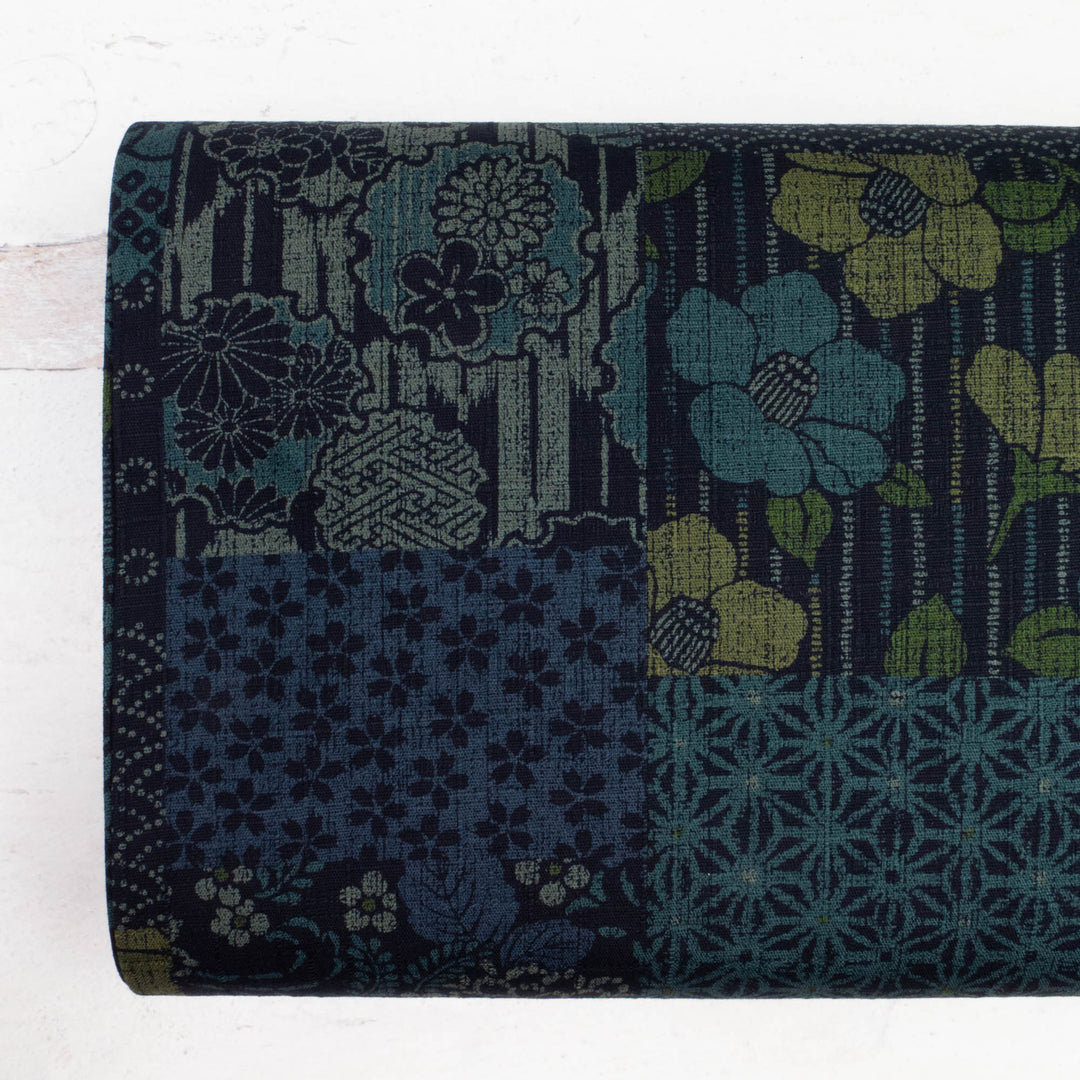 Japanese Cotton Dobby Fabric - Floral Boro Collage on Dk Navy (AP9042A)