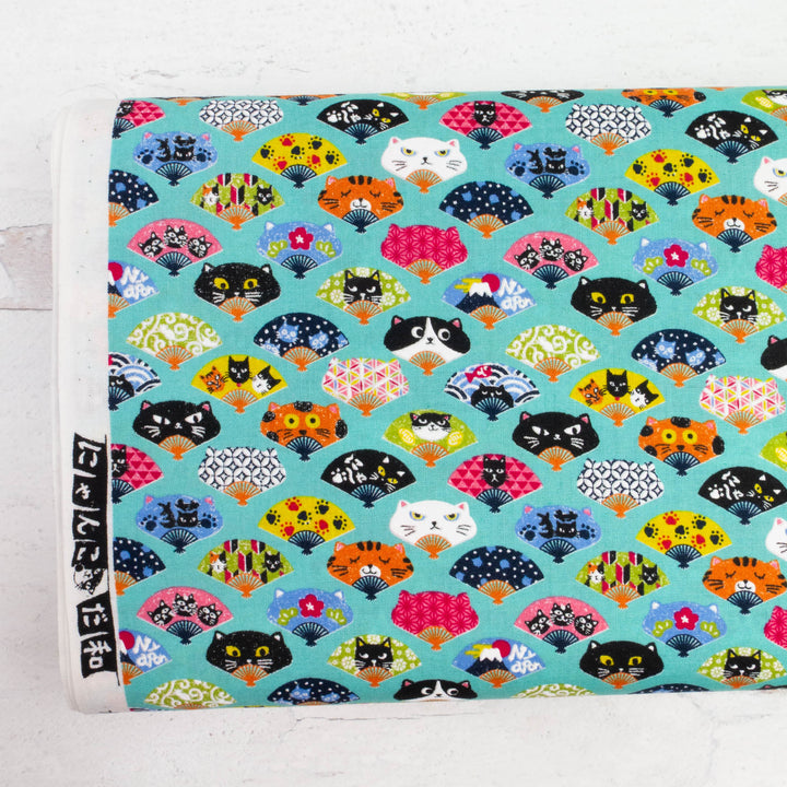 Japanese Cotton Fabric - Kawaii Cat Fans on Teal (COCO11D)