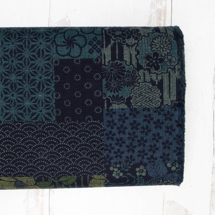 Japanese Cotton Dobby Fabric - Floral Boro Collage on Dk Navy (AP9042A)