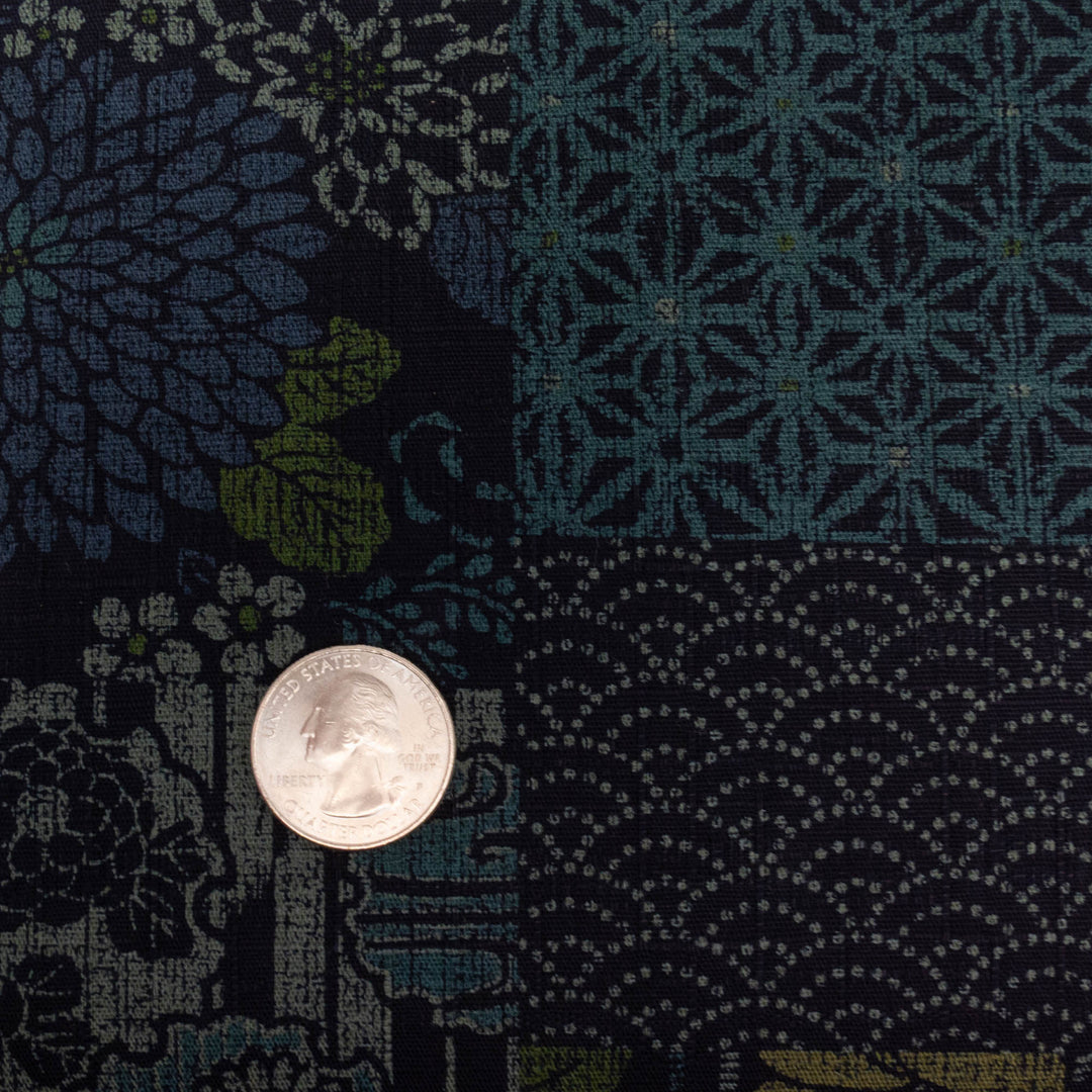 Japanese Cotton Dobby Fabric - Floral Boro Collage on Dk Navy (AP9042A)