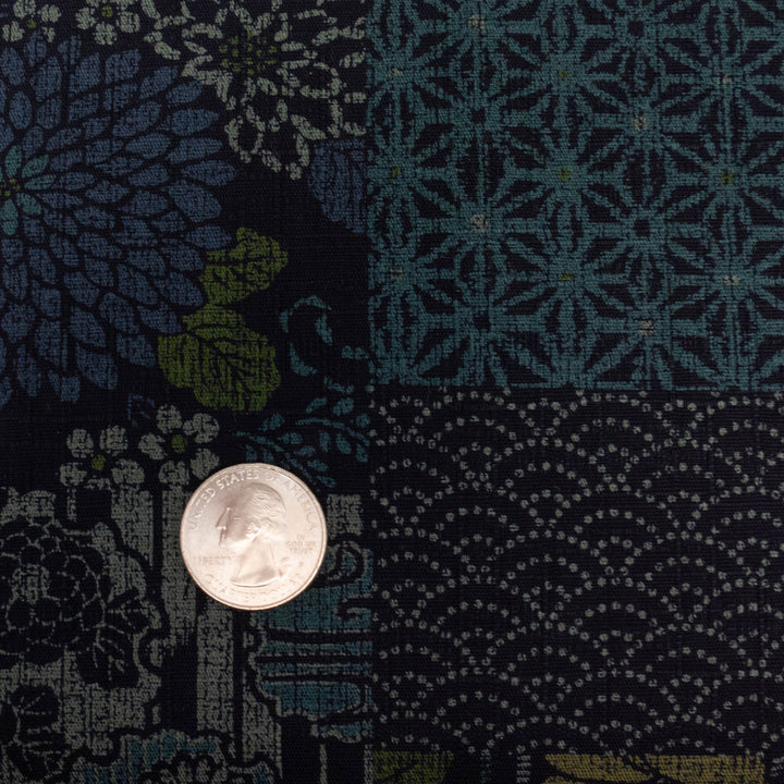Japanese Cotton Dobby Fabric - Floral Boro Collage on Dk Navy (AP9042A)