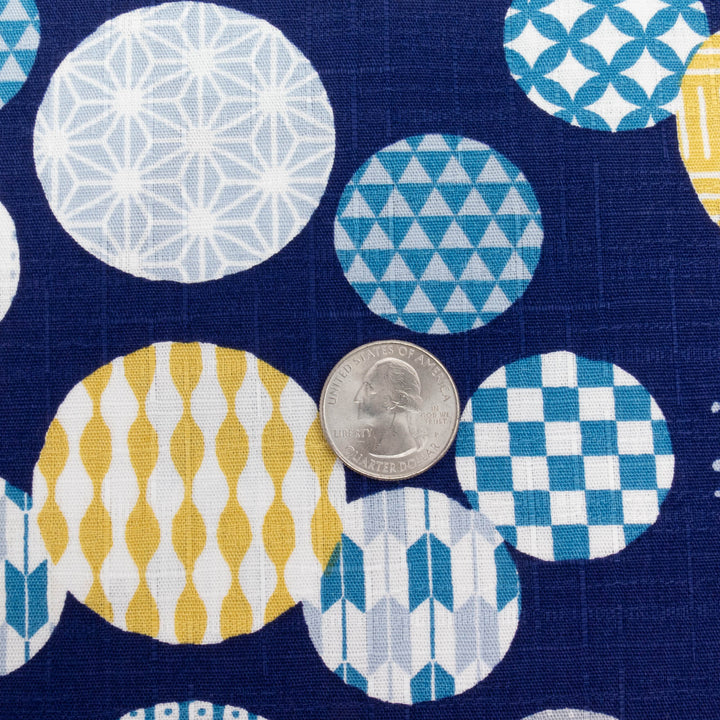 Japanese Cotton Dobby Fabric - Wagara Circles with Sashiko on Navy (AP1081E)