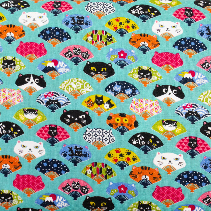 Japanese Cotton Fabric - Kawaii Cat Fans on Teal (COCO11D)