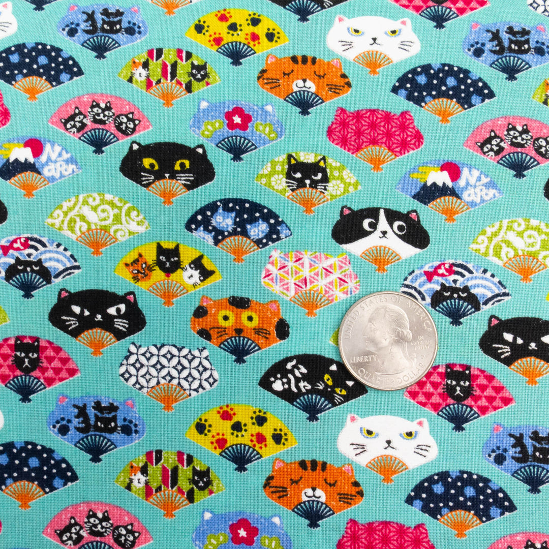 Japanese Cotton Fabric - Kawaii Cat Fans on Teal (COCO11D)