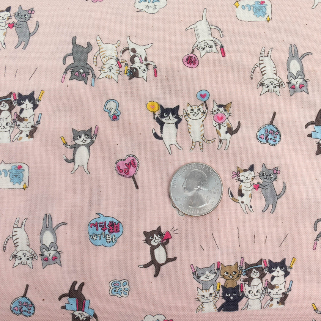 Japanese Cotton Fabric - Funny Cats Cheering on Peach (YK501B)