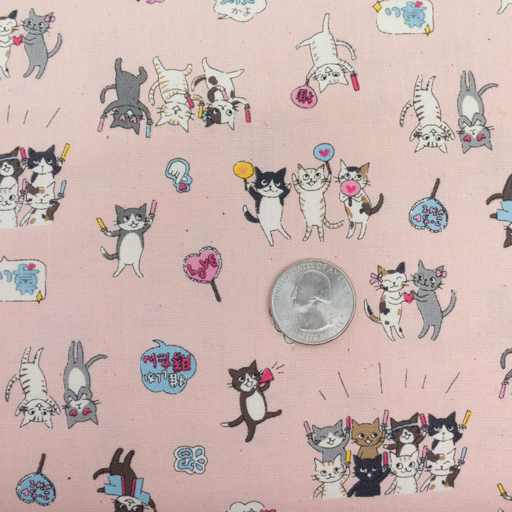 Japanese Cotton Fabric - Funny Cats Cheering on Peach (YK501B)