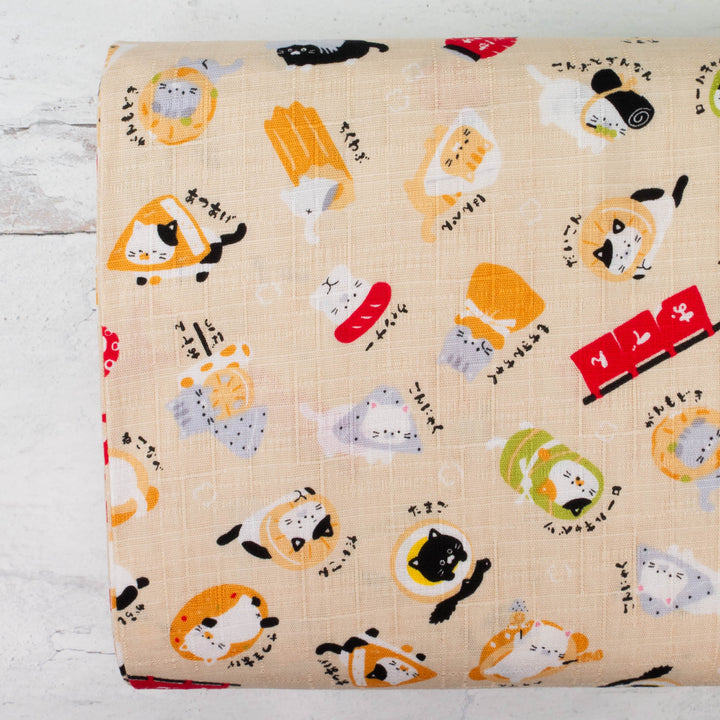 Japanese Cotton Dobby Fabric - Sushi Cat on Natural (COS-1093A)