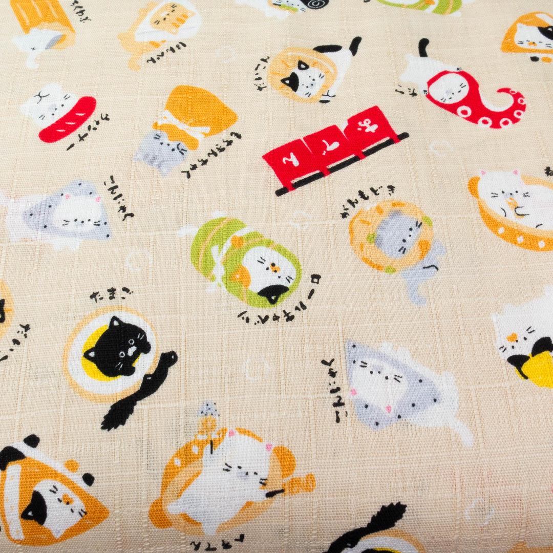 Japanese Cotton Dobby Fabric - Sushi Cat on Natural (COS-1093A)