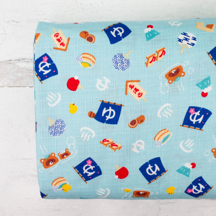 Japanese Cotton Dobby Fabric - Onsen Hot Spring Bears on Teal (COS-1092D)