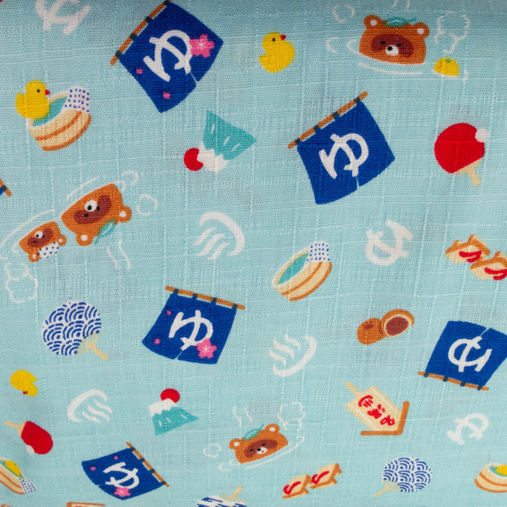 Japanese Cotton Dobby Fabric - Onsen Hot Spring Bears on Teal (COS-1092D)