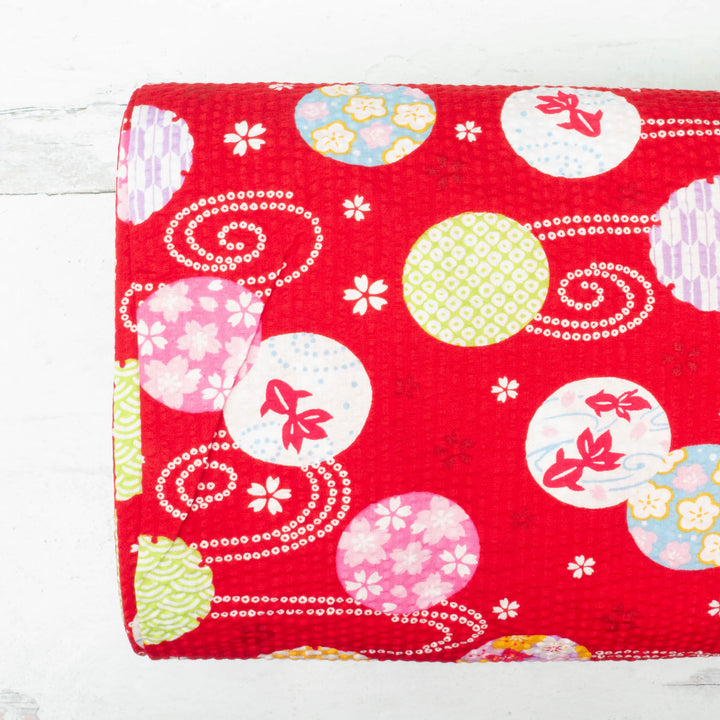 Japanese Cotton Fabric - Rippled Yukata Fabric on Red (COS-1112C)