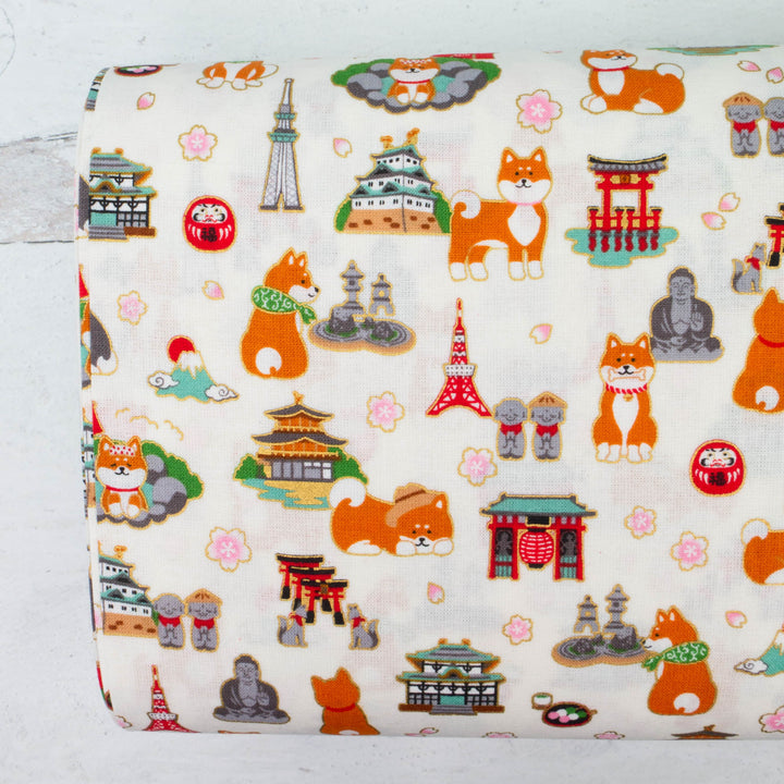 Japanese Cotton Fabric - Shiba Inu Dogs in Japan (COS-8021A)