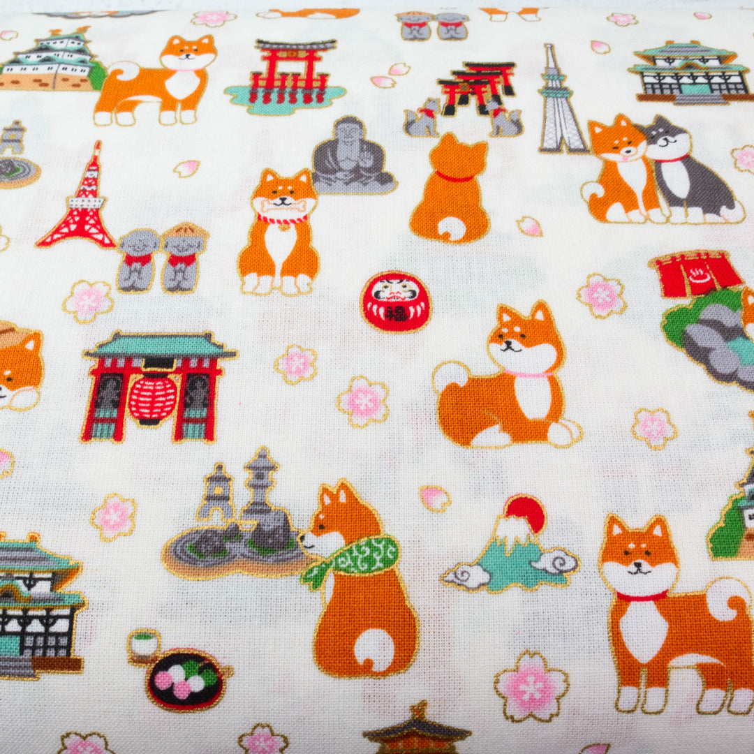 Japanese Cotton Fabric - Shiba Inu Dogs in Japan (COS-8021A)