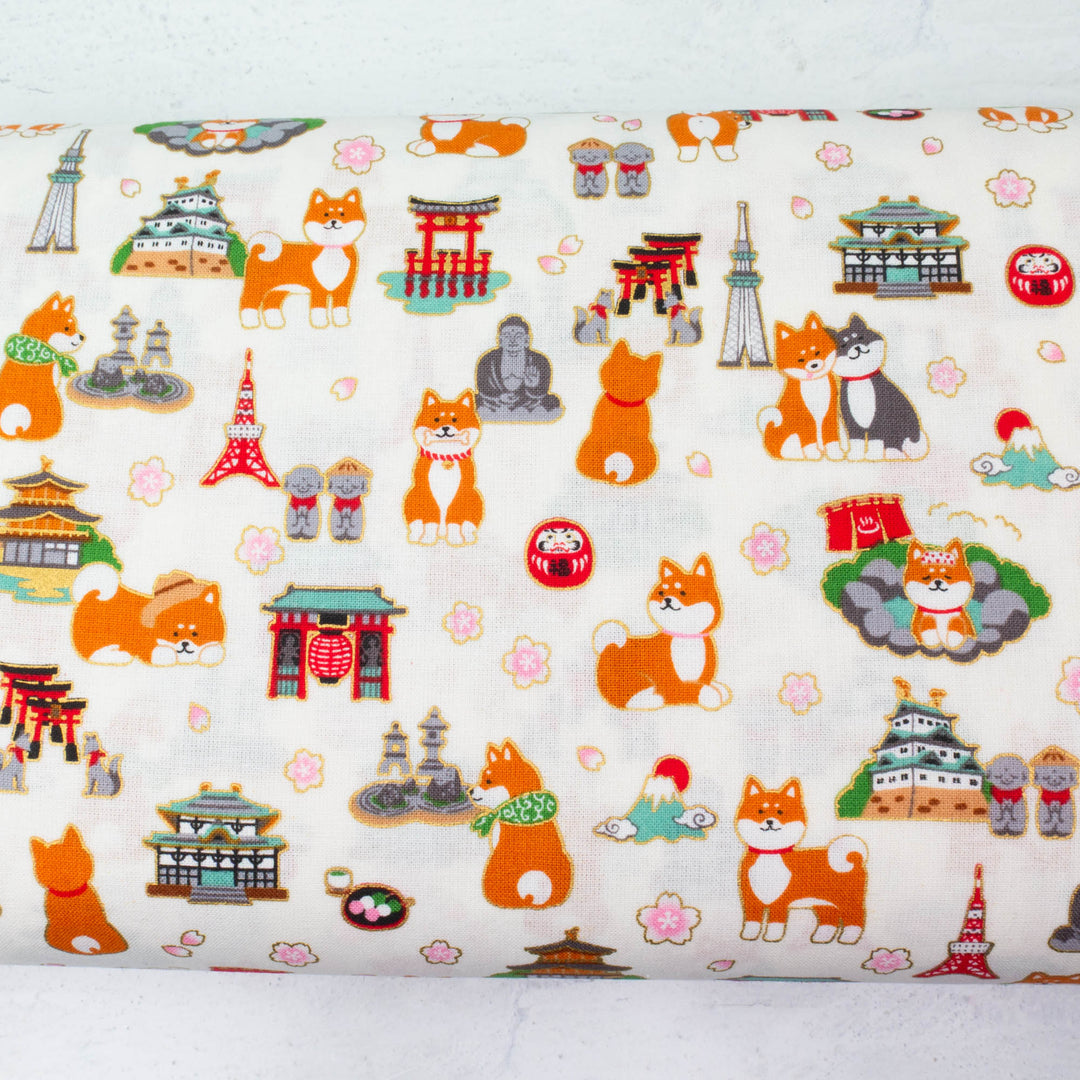 Japanese Cotton Fabric - Shiba Inu Dogs in Japan (COS-8021A)