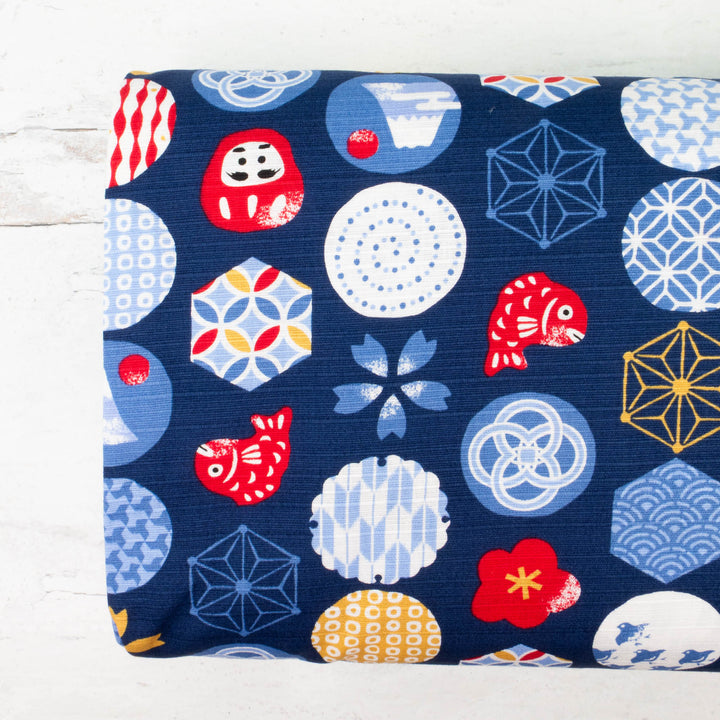 Japanese Cotton Dobby Fabric - Japanese Icons on Dark Navy (COS-1051D)