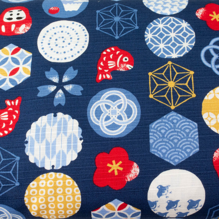Japanese Cotton Dobby Fabric - Japanese Icons on Dark Navy (COS-1051D)