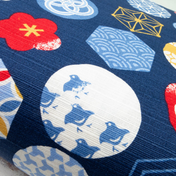 Japanese Cotton Dobby Fabric - Japanese Icons on Dark Navy (COS-1051D)