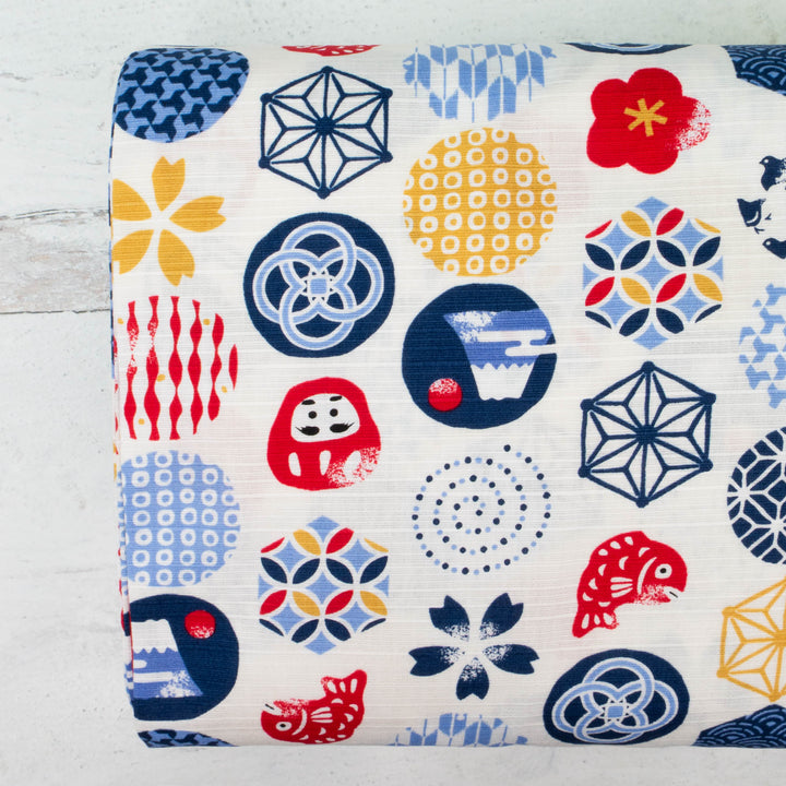 Japanese Cotton Dobby Fabric - Japanese Icons on White (COS-1051B)