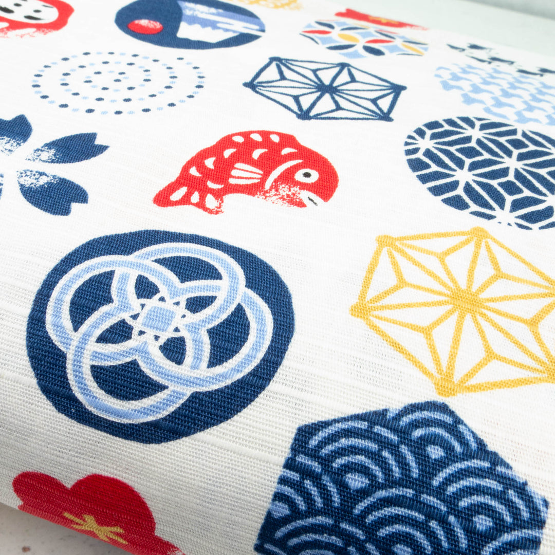 Japanese Cotton Dobby Fabric - Japanese Icons on White (COS-1051B)