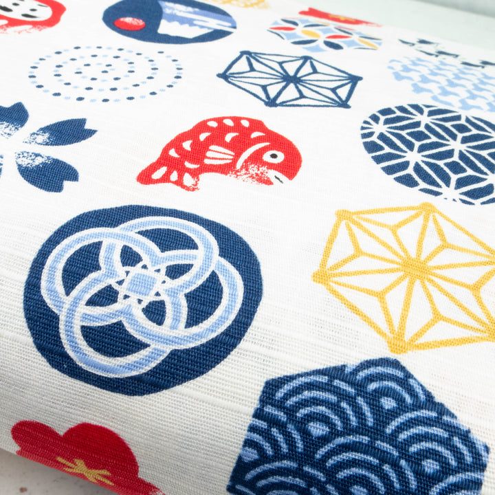 Japanese Cotton Dobby Fabric - Japanese Icons on White (COS-1051B)
