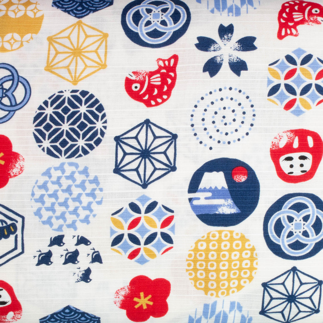 Japanese Cotton Dobby Fabric - Japanese Icons on White (COS-1051B)