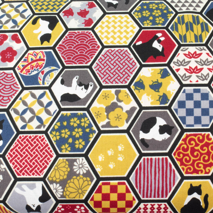 Japanese Cotton Fabric - Japanese Patterns & Cats in Hexies on Black (COS-9022D)