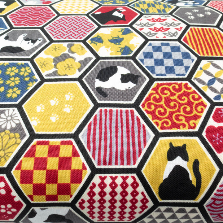 Japanese Cotton Fabric - Japanese Patterns & Cats in Hexies on Black (COS-9022D)