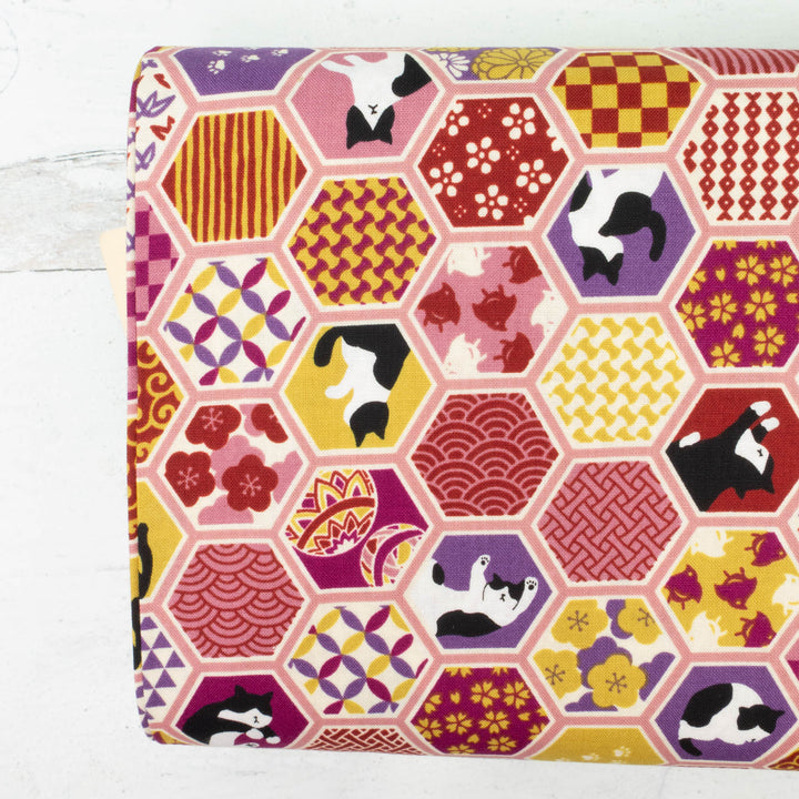 Japanese Cotton Fabric - Japanese Patterns & Cats in Hexies on Rose (COS-9022B)