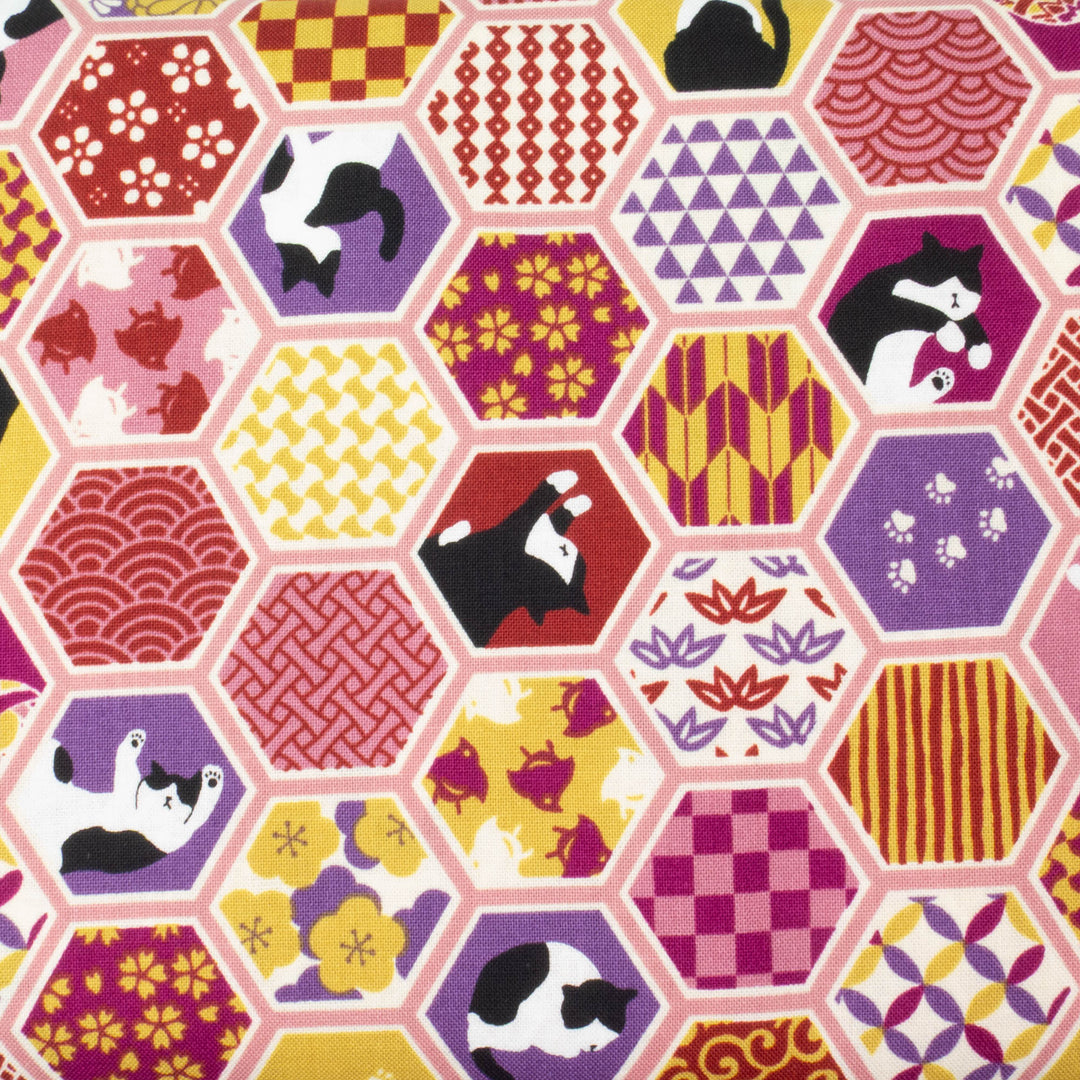 Japanese Cotton Fabric - Japanese Patterns & Cats in Hexies on Rose (COS-9022B)