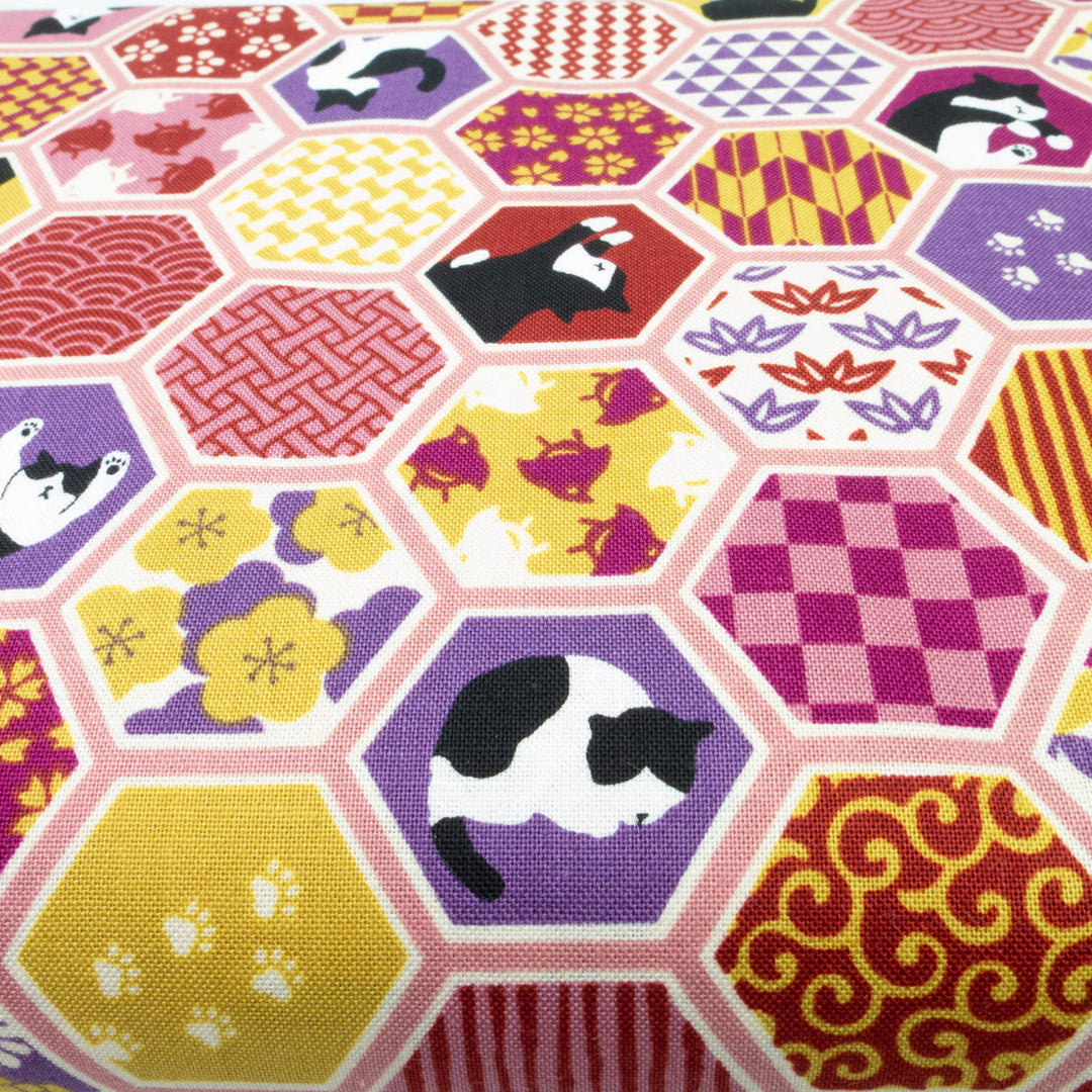 Japanese Cotton Fabric - Japanese Patterns & Cats in Hexies on Rose (COS-9022B)