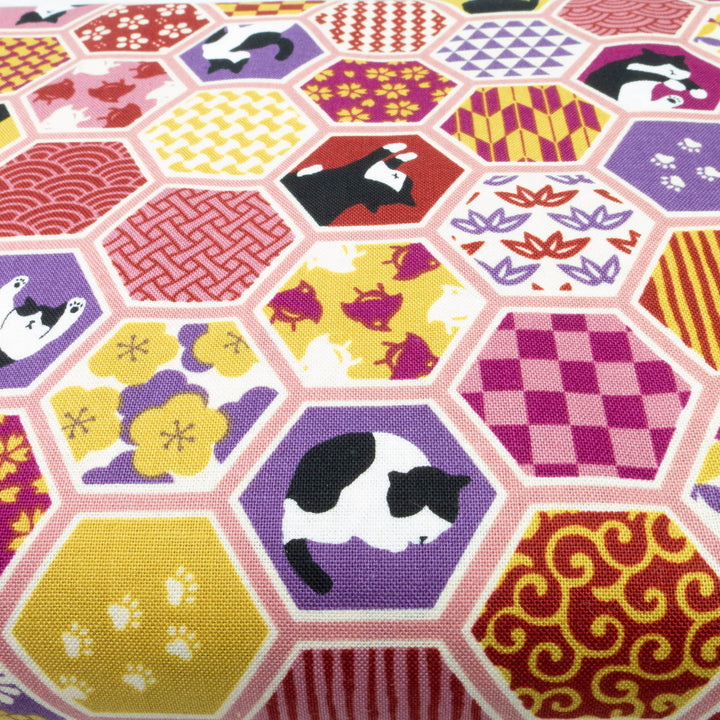 Japanese Cotton Fabric - Japanese Patterns & Cats in Hexies on Rose (COS-9022B)