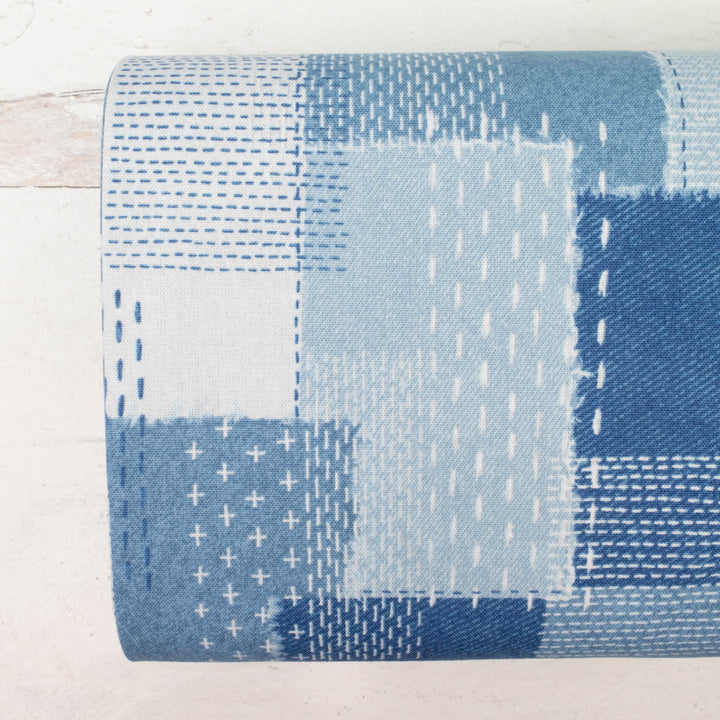 Cotton Linen Blend Lightweight Canvas - Lt Blue Boro Patchwork (YGA001A)