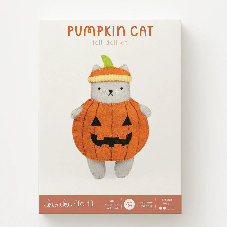 Pumpkin cat felt doll kit packaging on a white background