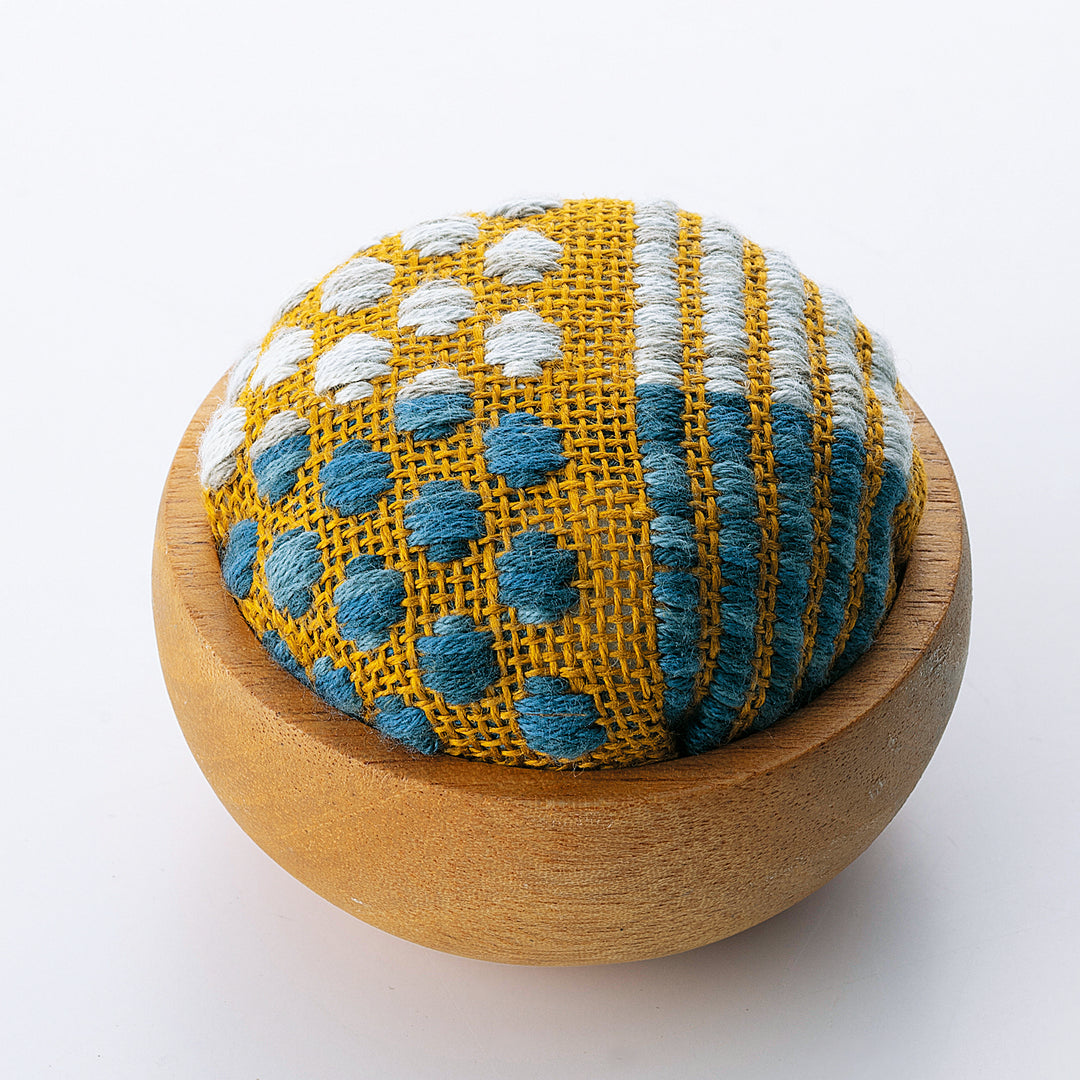 Kogin Sashiko Wooden Pincushion Kit - Mustard Dots (86)