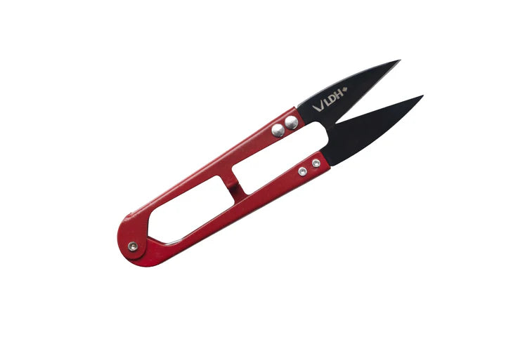 LDH Thread Snips with sharp black blades and a sturdy red handle, designed for precise cutting of embroidery threads and delicate needlework projects.