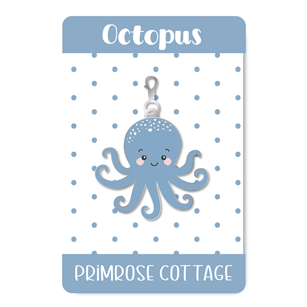 Blue octopus keychain on a white card with blue polka dots, branded 'Primrose Cottage'.