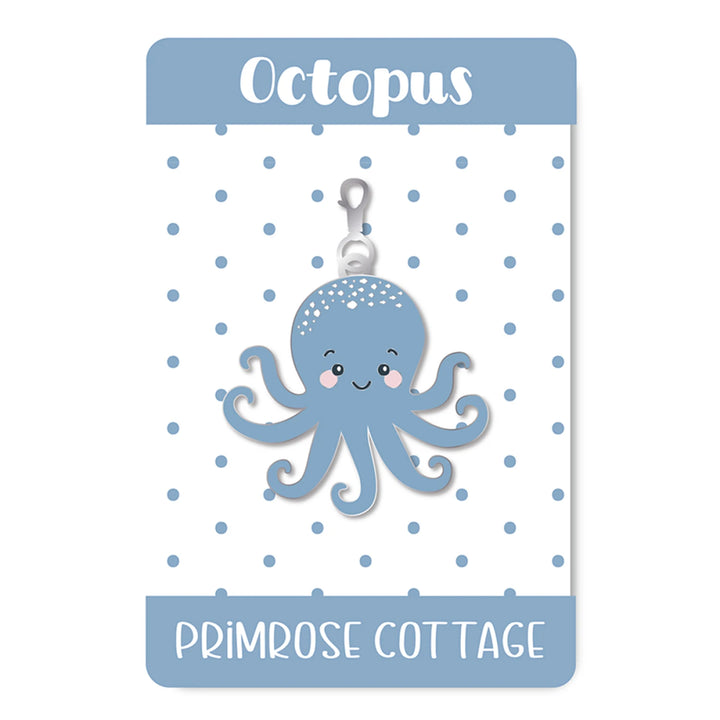 Blue octopus keychain on a white card with blue polka dots, branded 'Primrose Cottage'.
