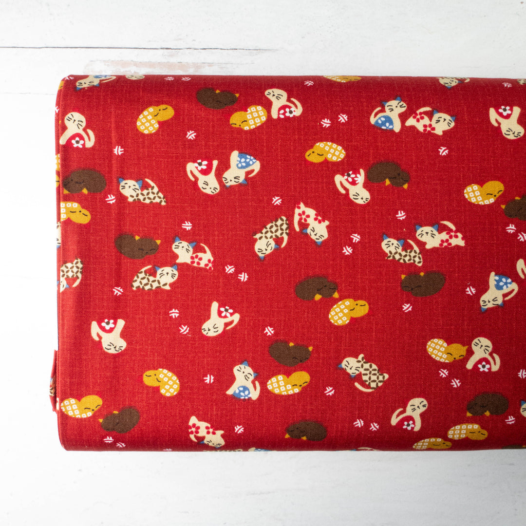 Japanese Cats on Red Cotton Fabric