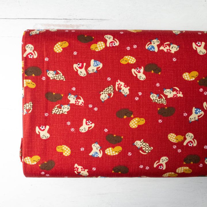 Japanese Cats on Red Cotton Fabric (KW337615C)