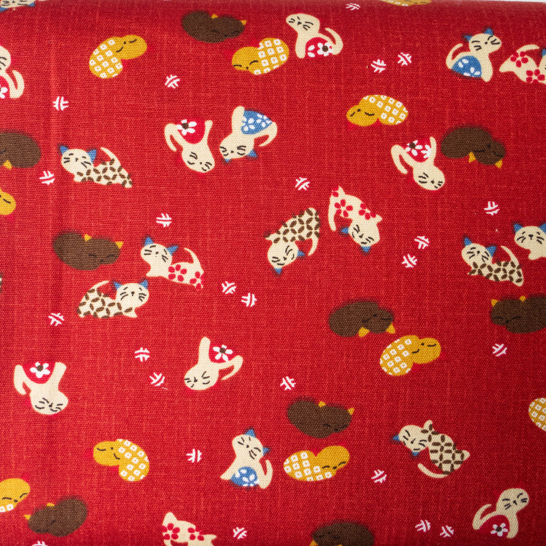 Japanese Cats on Red Cotton Fabric