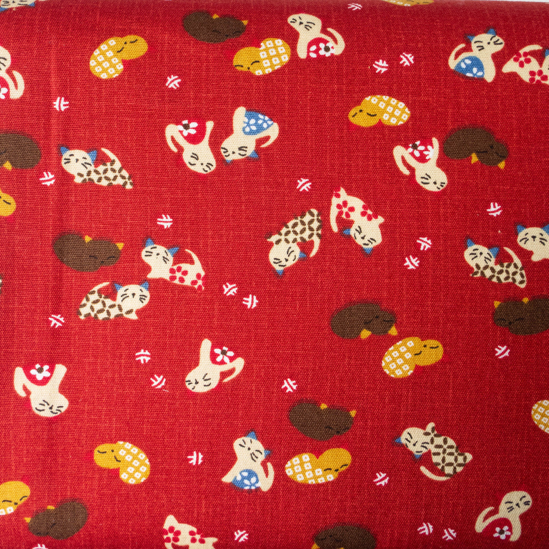 Japanese Cats on Red Cotton Fabric (KW337615C)