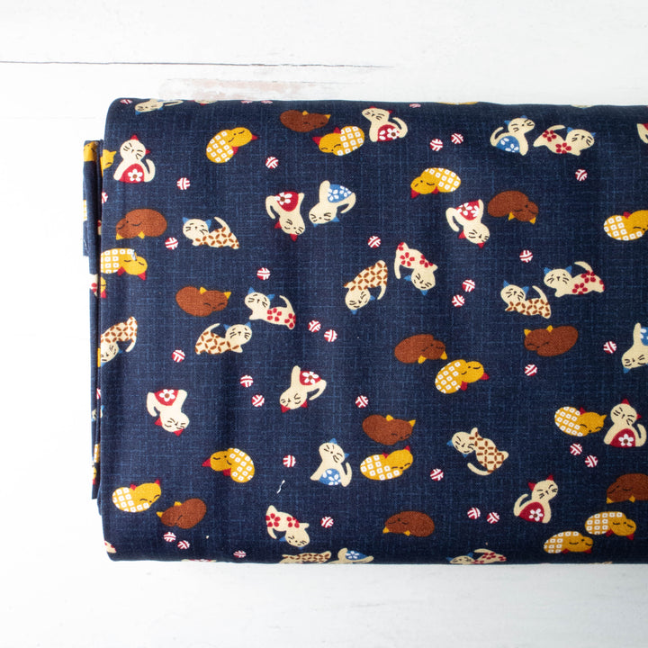 Japanese Cats on Navy Cotton Fabric