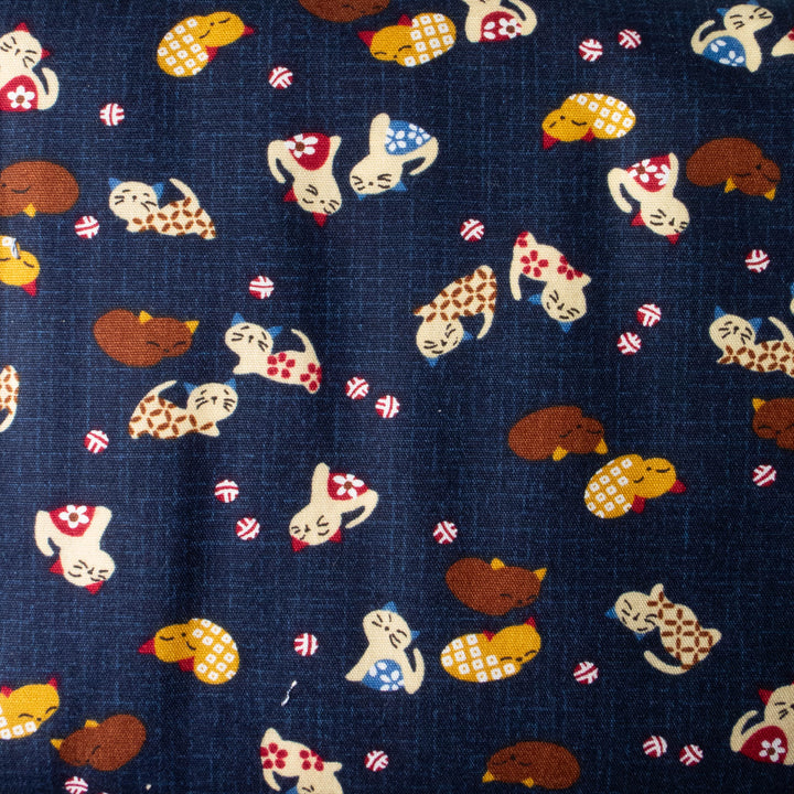 Japanese Cats on Navy Cotton Fabric