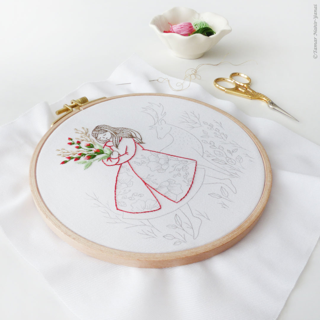 Festive Lady and Deer Embroidery Kit