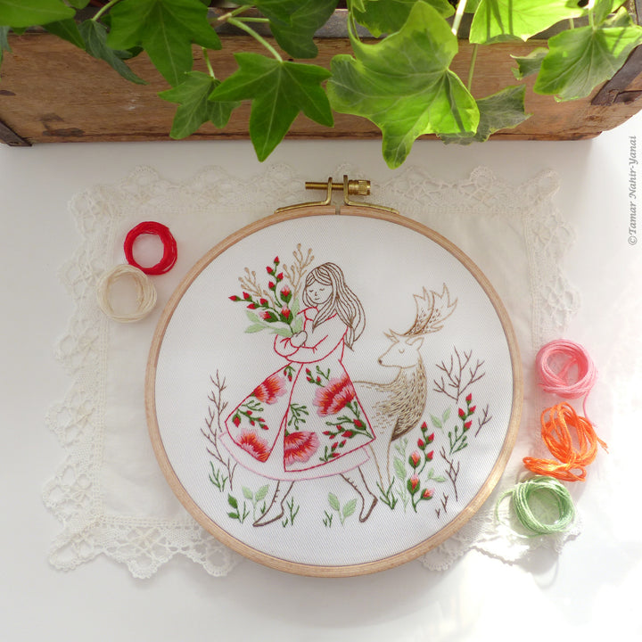 Festive Lady and Deer Embroidery Kit