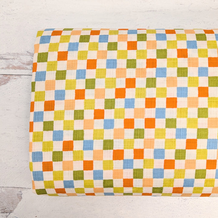Japanese Cotton Dobby Fabric - Checkerboard Orange/Yellow/Green (ZT3632)