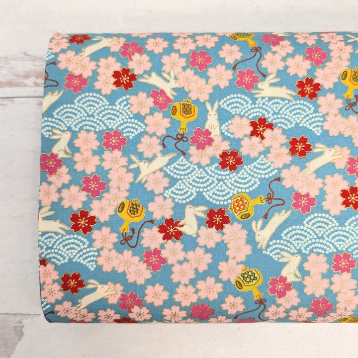 Japanese Cotton Fabric - Bunnies with Sakura & Waves on Teal (KTS-7112B)