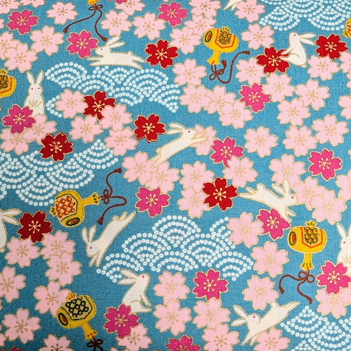 Japanese Cotton Fabric - Bunnies with Sakura & Waves on Teal (KTS-7112B)