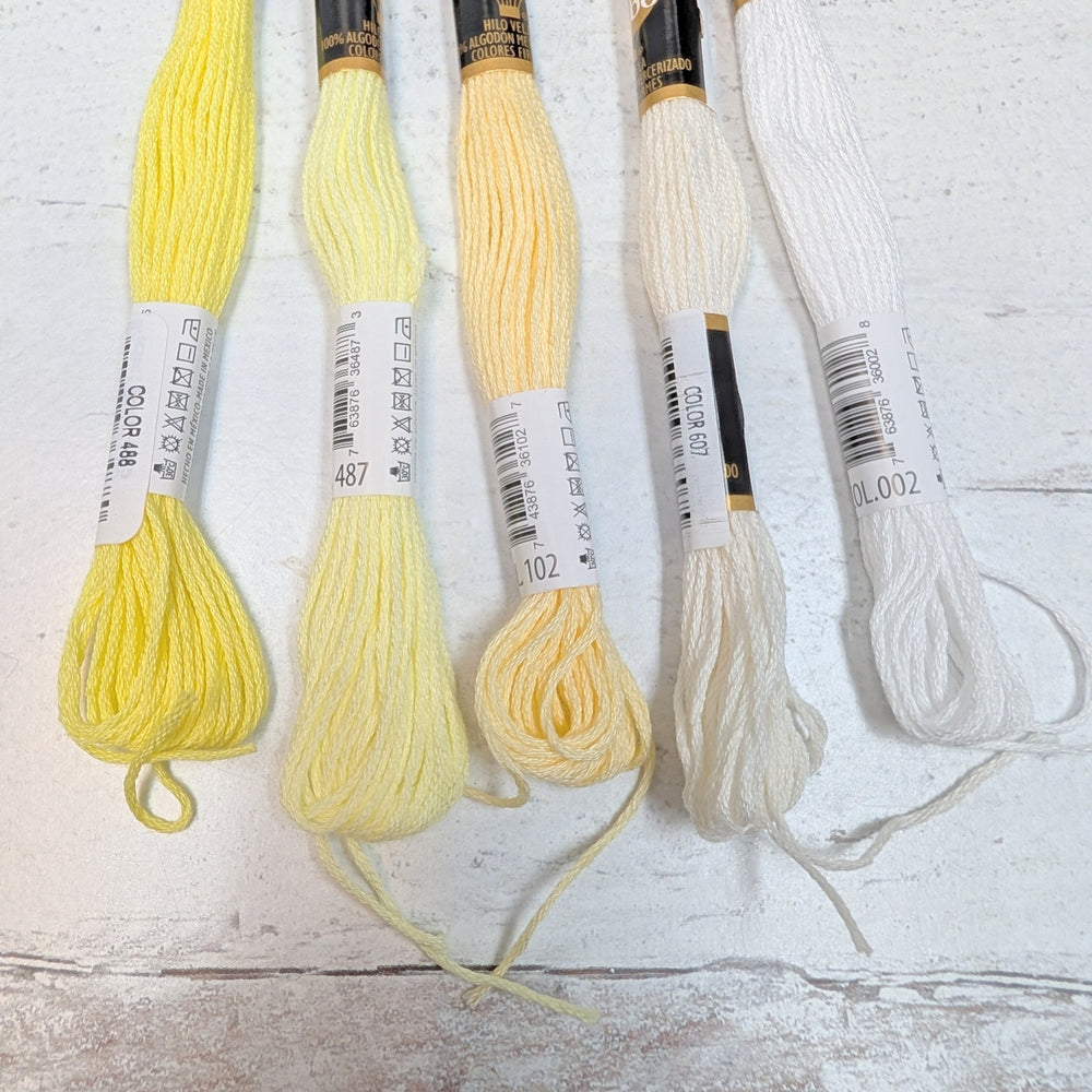 Hilo Vela El Globo Embroidery Thread (8m Skeins) - Light Yellows in various soft shades of yellow and cream, ideal for modern needlework, embroidery floss, and crafting projects.