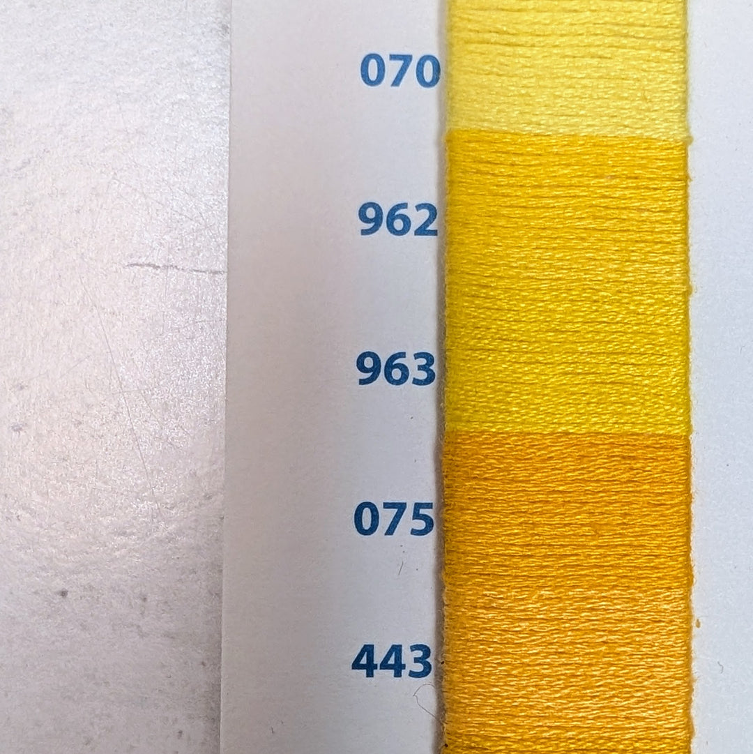 Hilo Vela El Globo Embroidery Thread (8m Skeins) -Yellows in varying shades of yellow arranged vertically on a card with color codes, ideal for embroidery, cross stitch, and modern needlework projects.